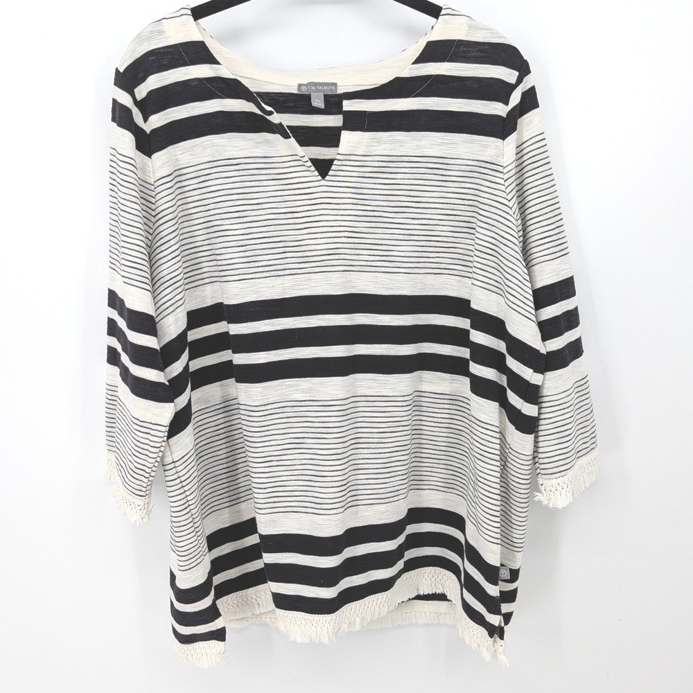 T‎ by Talbots Striped Top Women Petite 1XP Black White Fringe 3/4 Sleeve Coastal